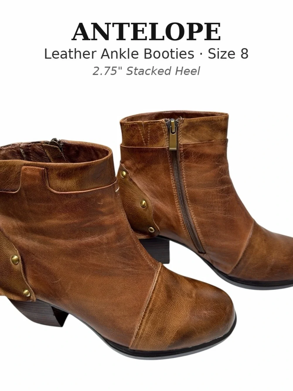 Antelope Leather Ankle Boots Women’s Size 8 Brown Boho Western Stacked Heel